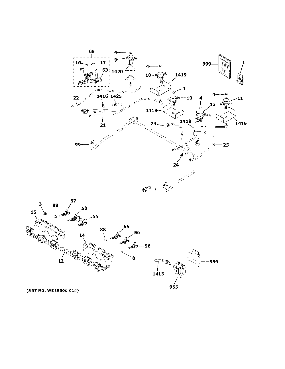 Gas And Burner Parts Diagram and Parts List for C2S950P2M2S1  General Electric Range