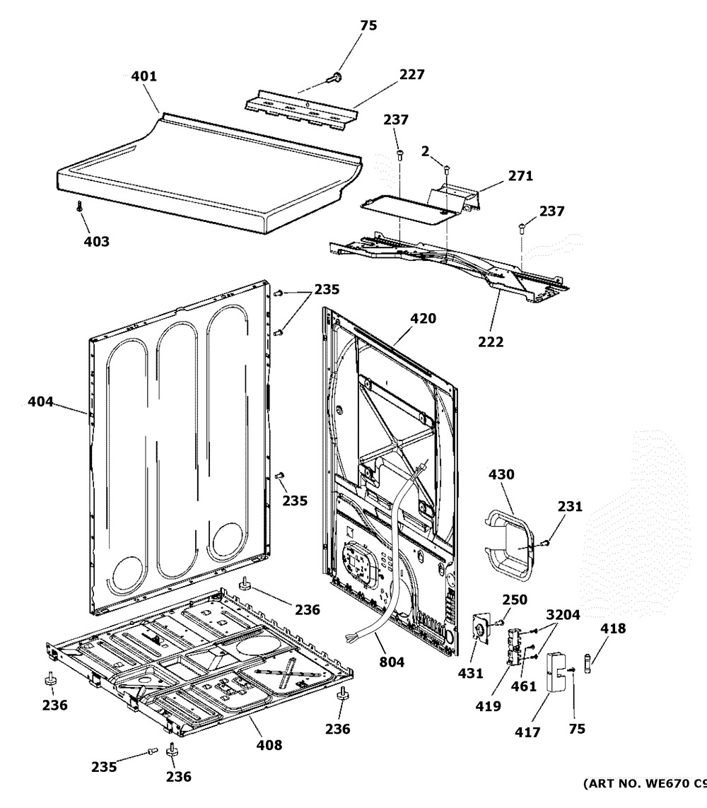 Cabinet & Top Panel Diagram and Parts List for GTDP490ED4WS  General Electric Dryer