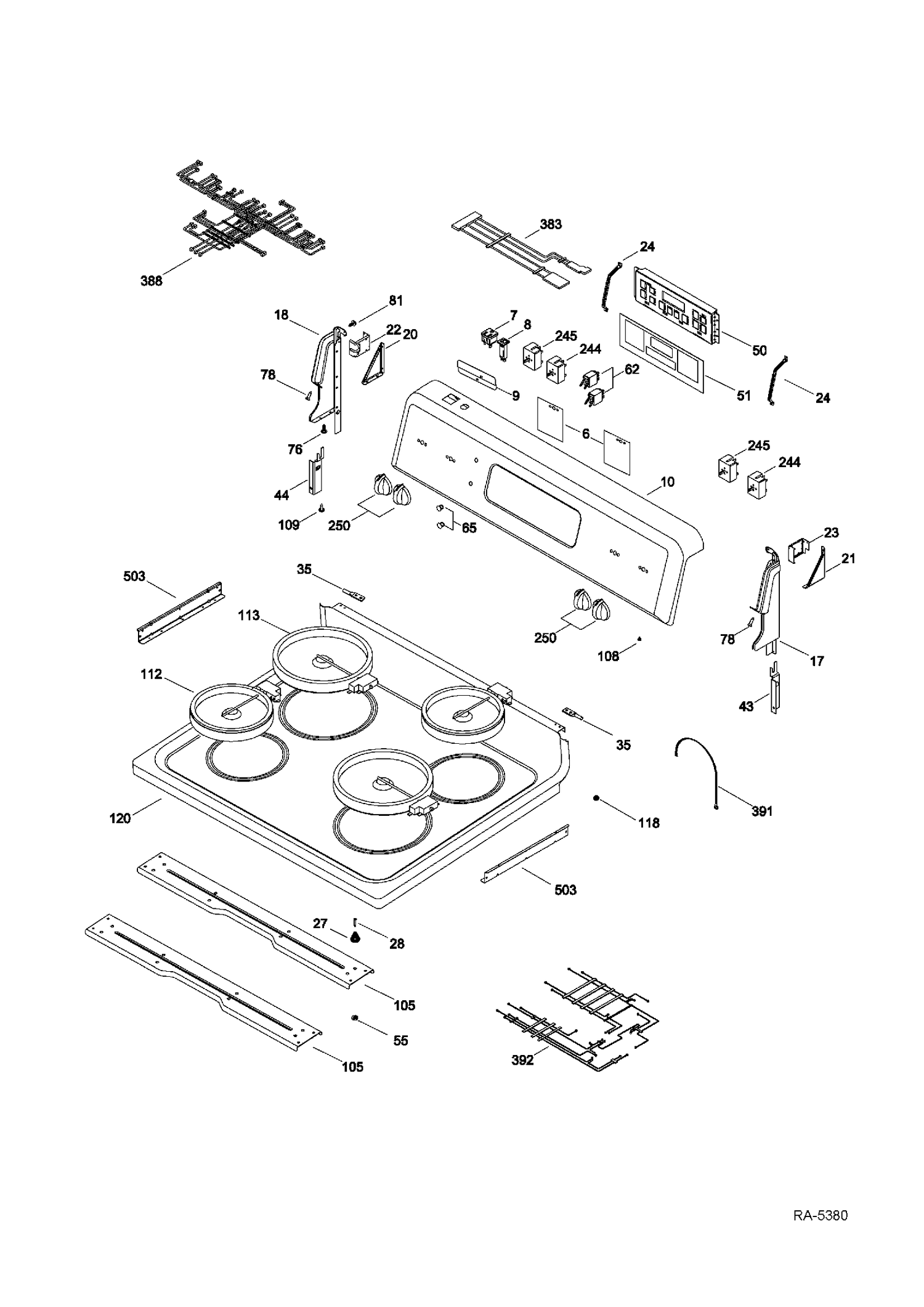 CONTROL PANEL & COOKTOP Diagram and Parts List for JCBP63WK5WW  General Electric Range