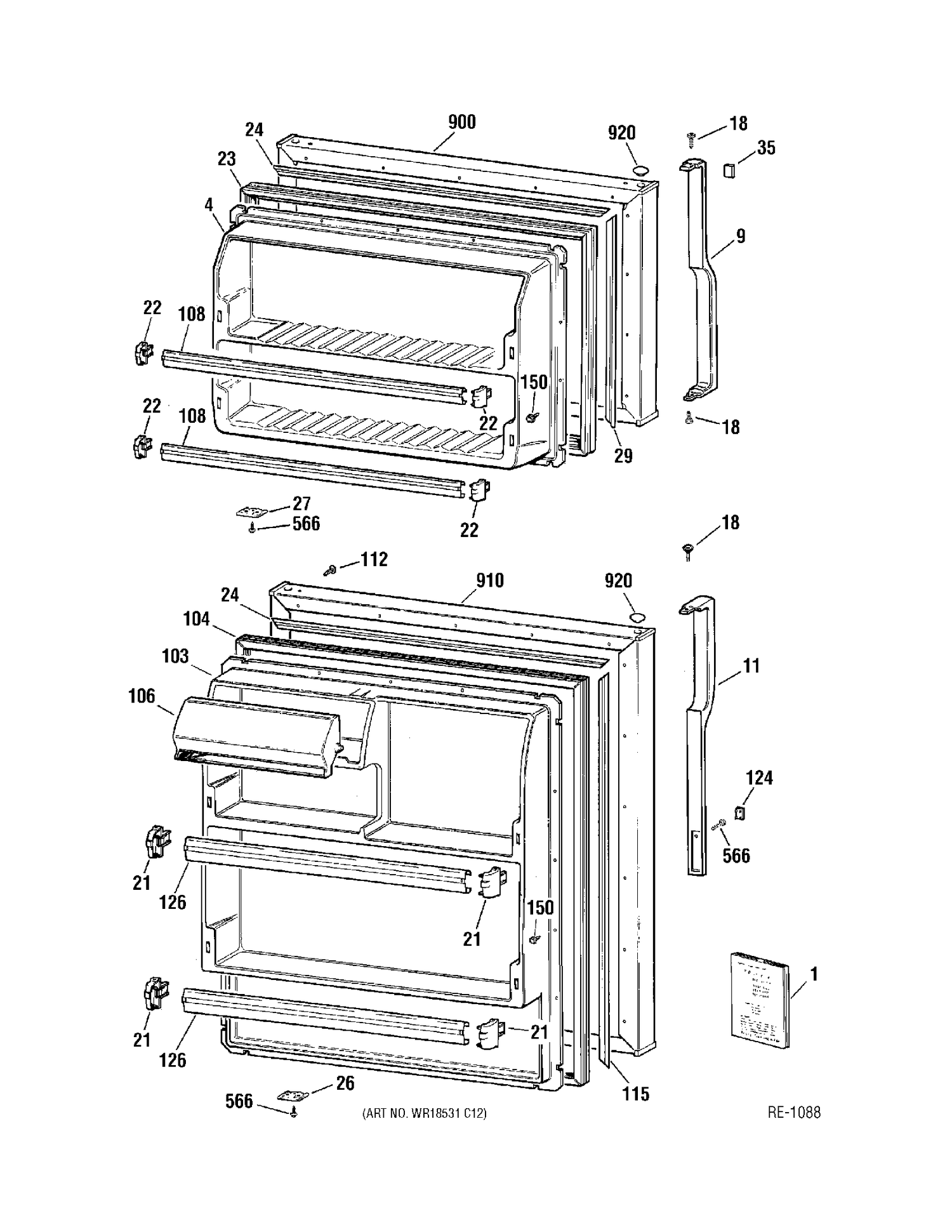 DOORS Diagram and Parts List for MTS16BBMBRWW  General Electric Refrigerator
