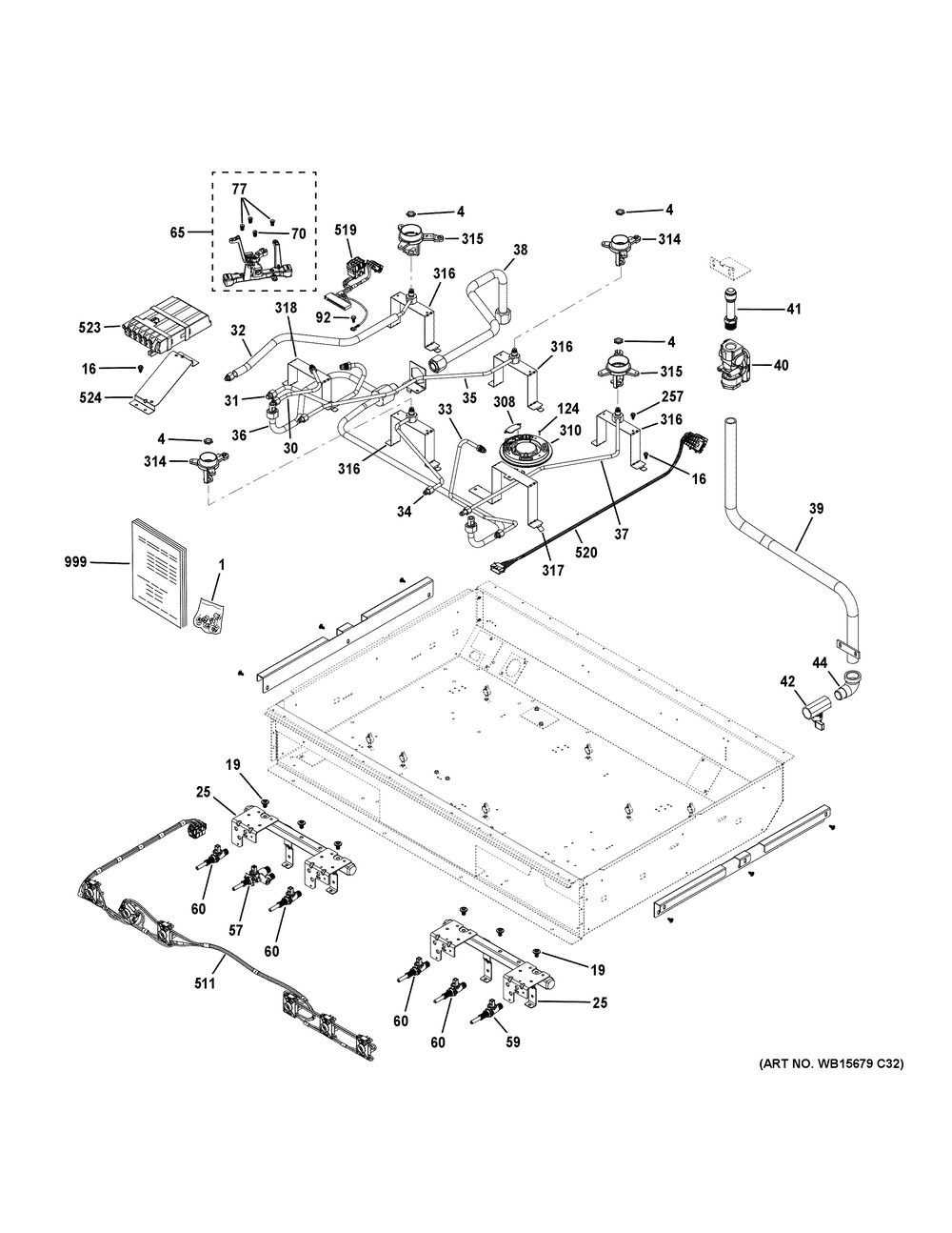 Gas And Burner Parts Diagram and Parts List for C2Y366P5T1G2  General Electric Range