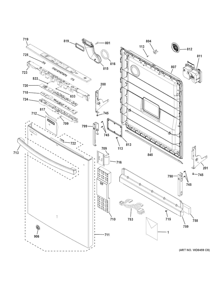 Escutcheon & Door Assembly Diagram and Parts List for GDT530PSD4SS  General Electric Dishwasher