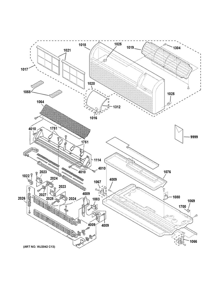 Grille, Heater & Base Pan Parts Diagram and Parts List for AZ61H15EABM3  General Electric Air Conditioner