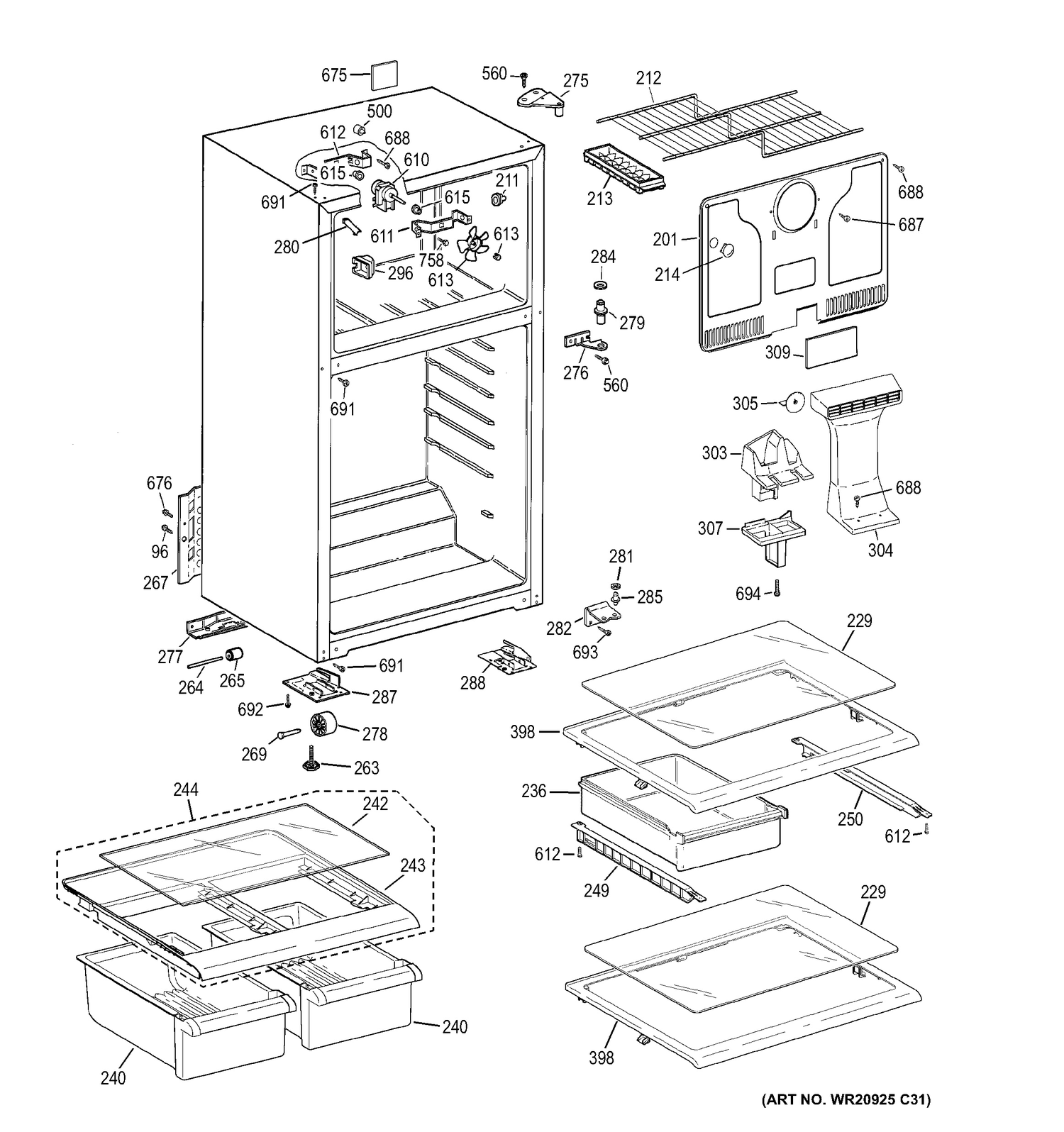 CABINET Diagram and Parts List for HTH18EBDERWW  General Electric Refrigerator