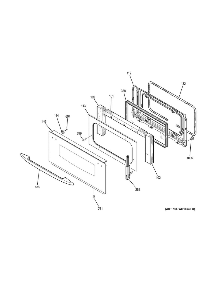 Door Diagram and Parts List for PT925DN4BB  General Electric Wall Oven
