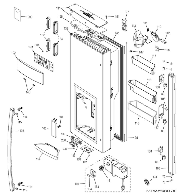 Dispenser Door Diagram and Parts List for GYE22KMHHES  General Electric Refrigerator