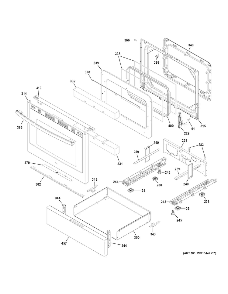 Door & Drawer Parts Diagram and Parts List for JGB700SEJ2SS  General Electric Range