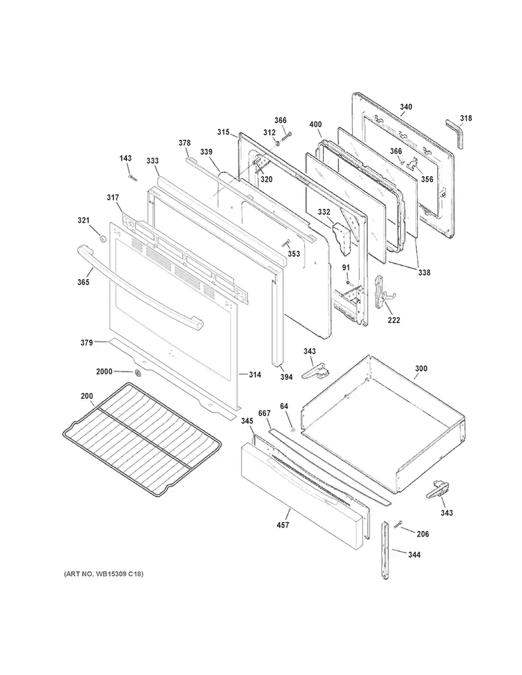 Door & Drawer Parts Diagram and Parts List for JGB650SEF3SS  General Electric Range