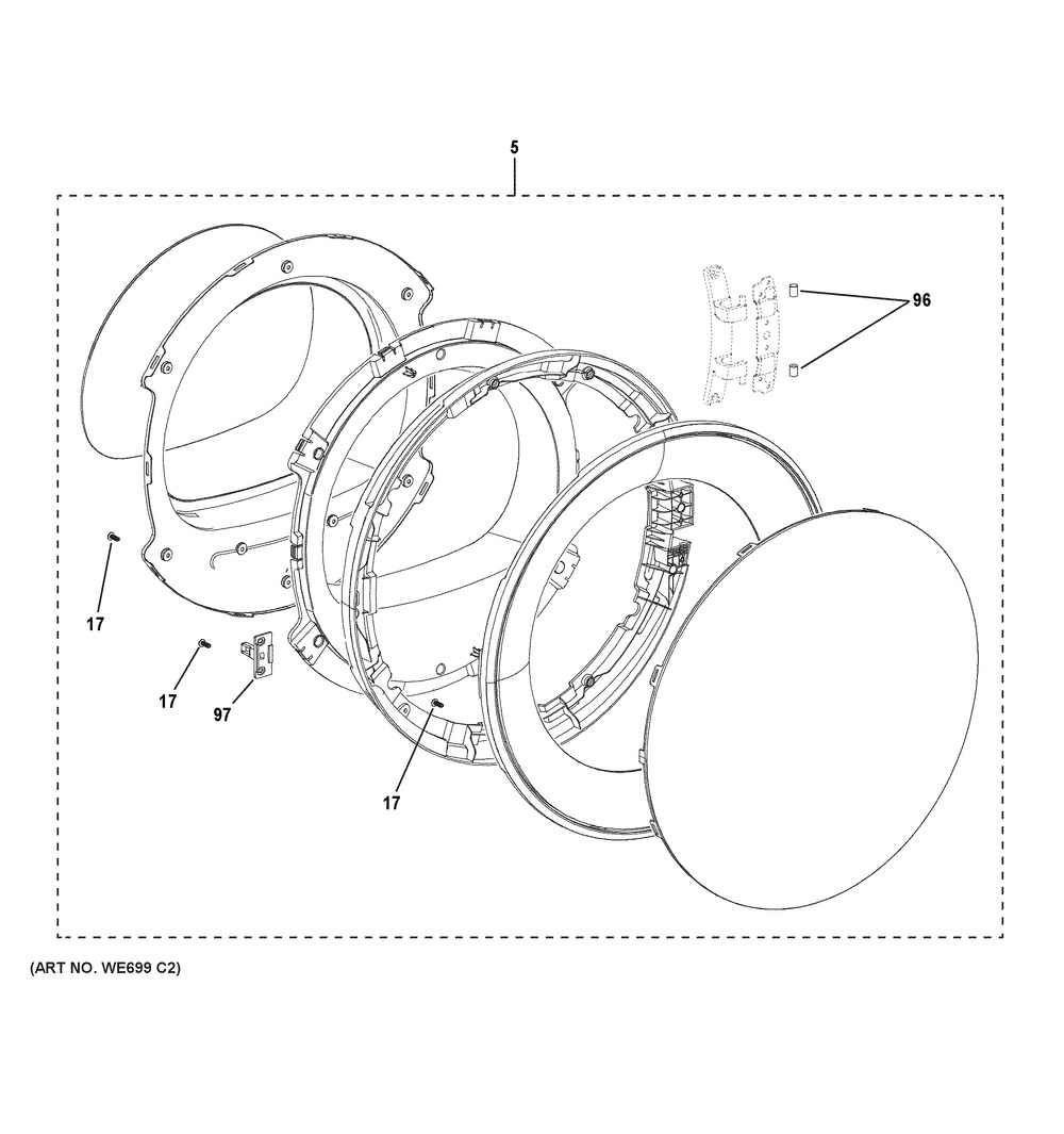 Door Diagram and Parts List for GFT14ESSM1WW  General Electric Dryer