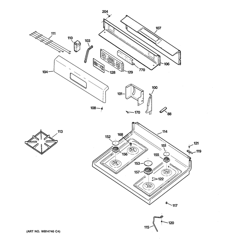 Control Panel & Cooktop Diagram and Parts List for RGB745DEP6WH  Hotpoint Range