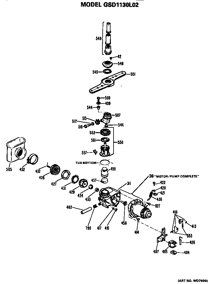 Motor/pump Diagram and Parts List for GSD1130L02  General Electric Dishwasher