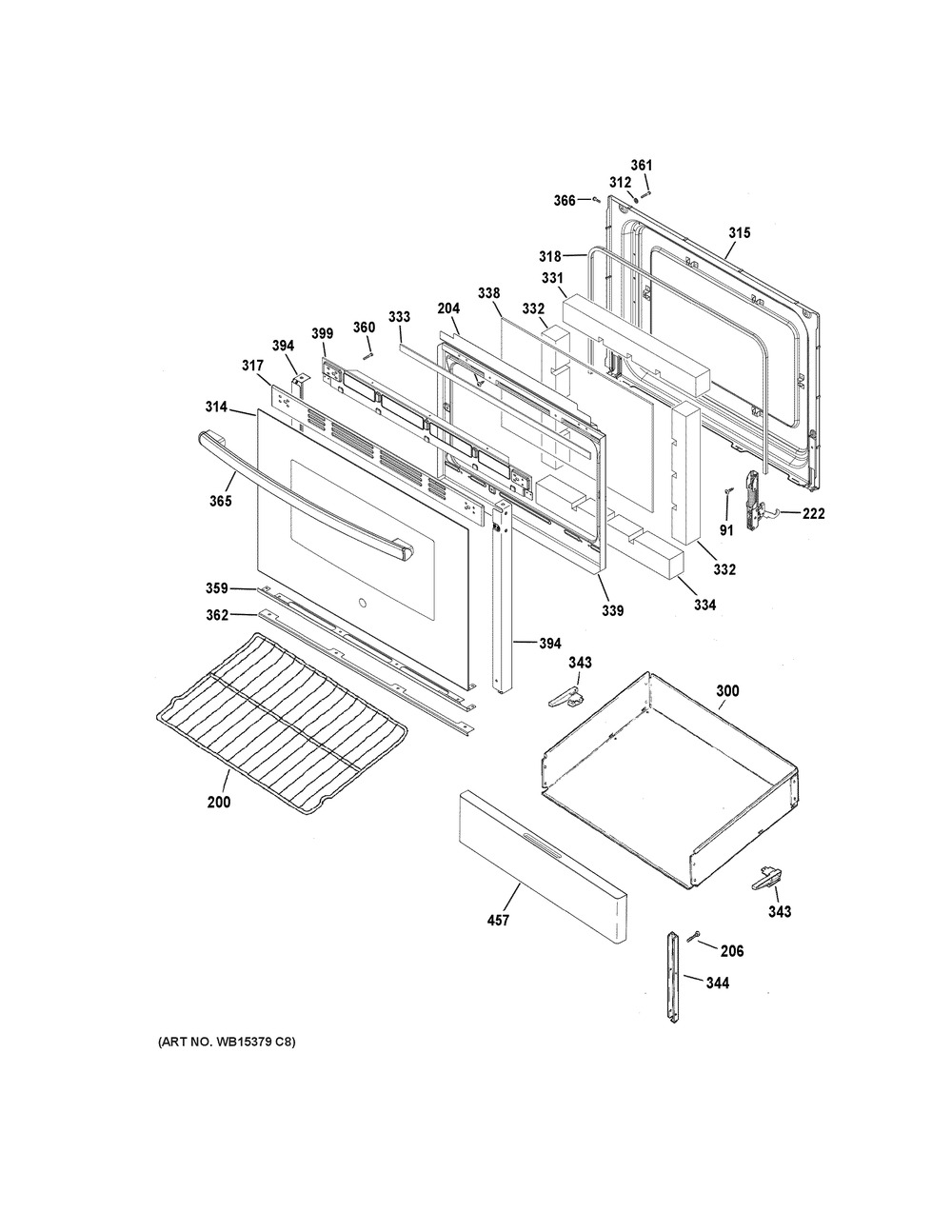 Door & Drawer Parts Diagram and Parts List for JBS360DM1WW  General Electric Range
