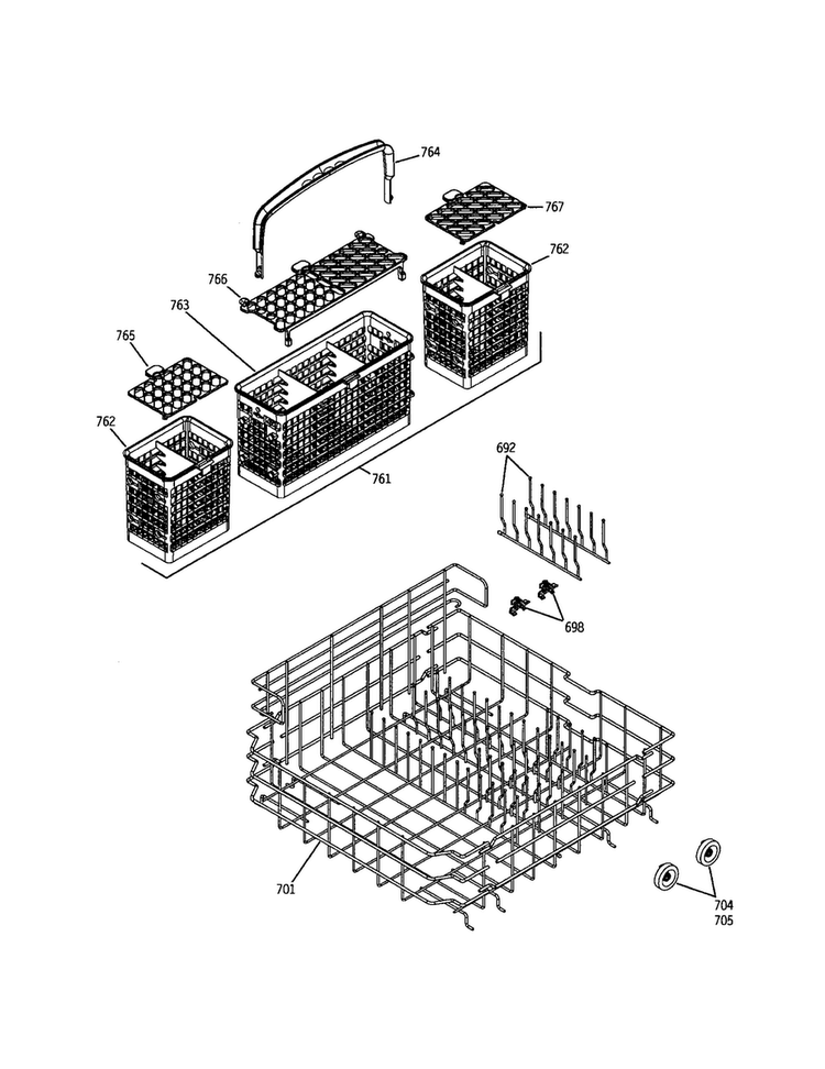 Lower Rack Diagram and Parts List for PDW7300GWW  General Electric Dishwasher