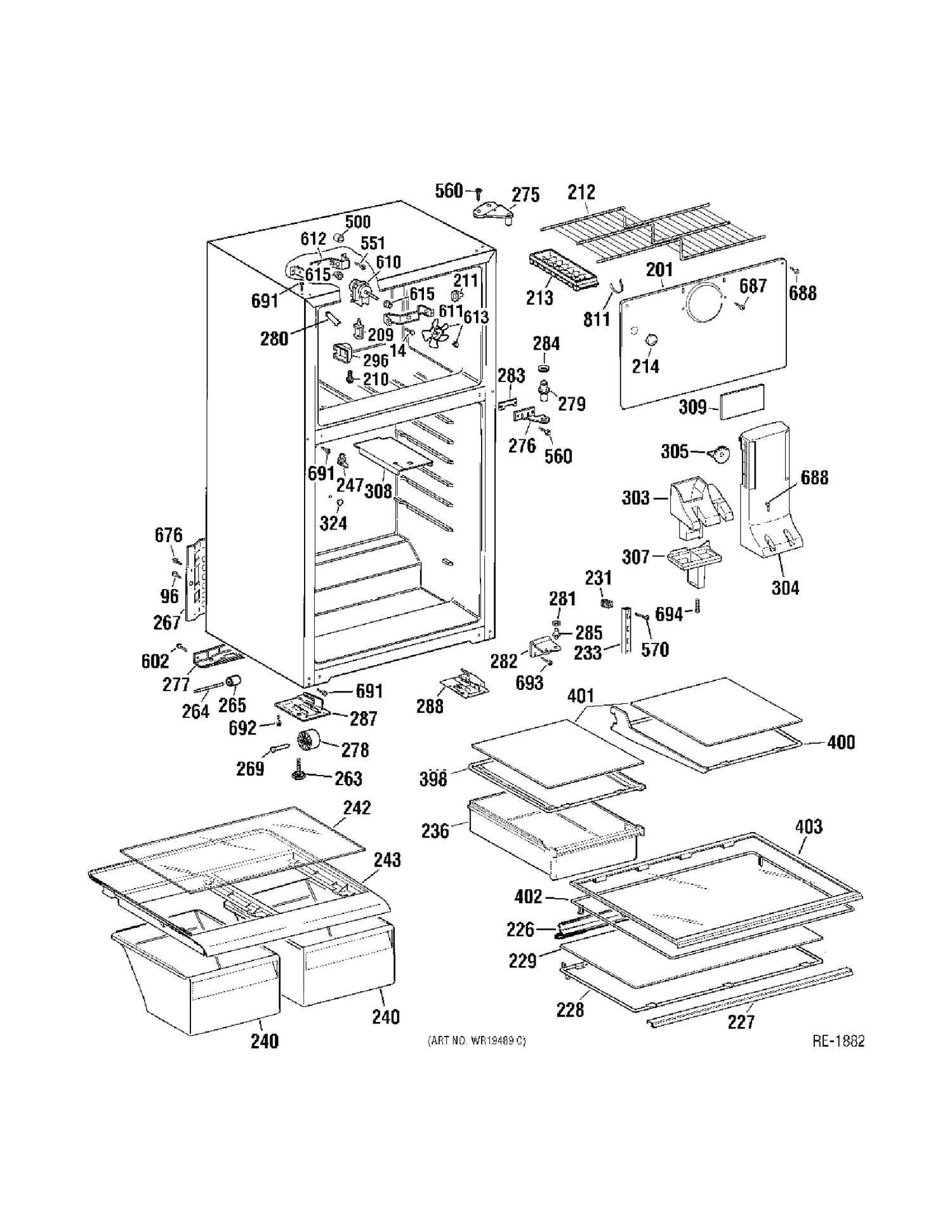 CABINET  & SHELVING Diagram and Parts List for 38451HBRERWW  General Electric Refrigerator
