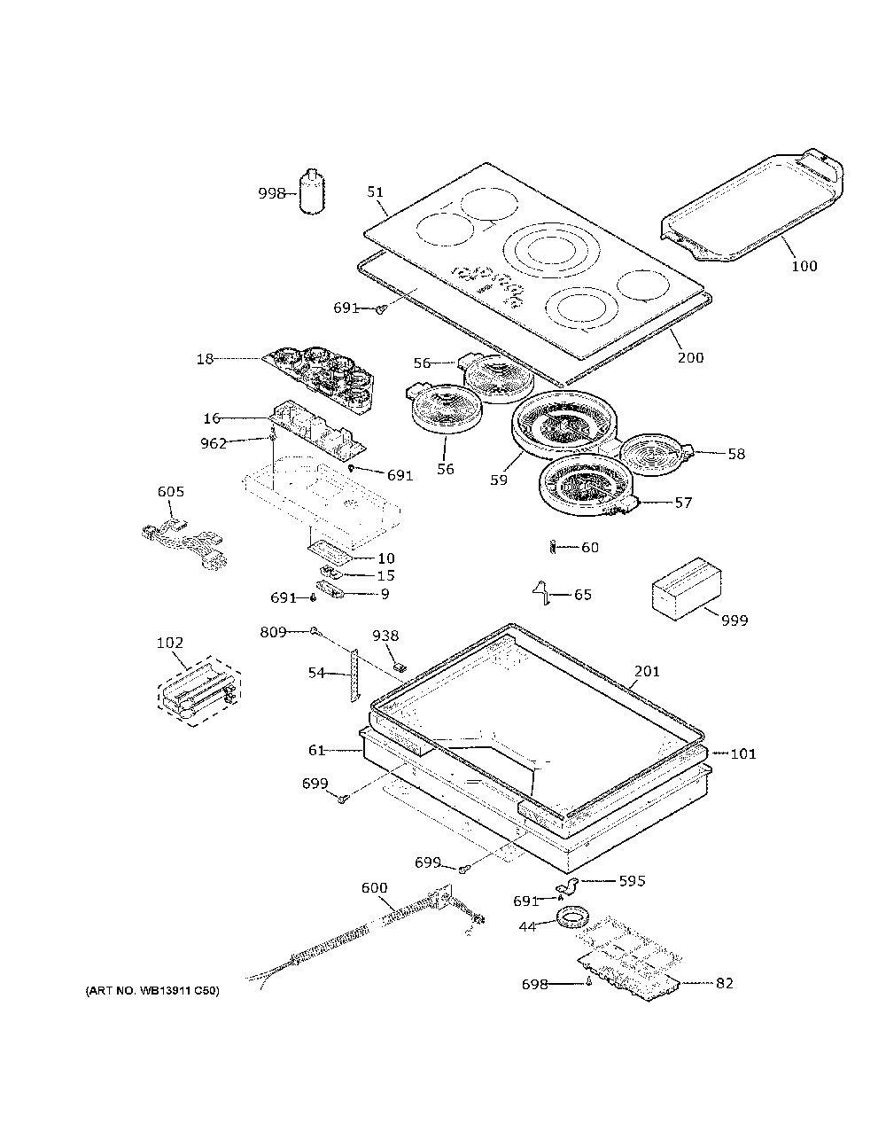 Control Panel And Cooktop Diagram and Parts List for CEP90361T1BB  General Electric Cooktop