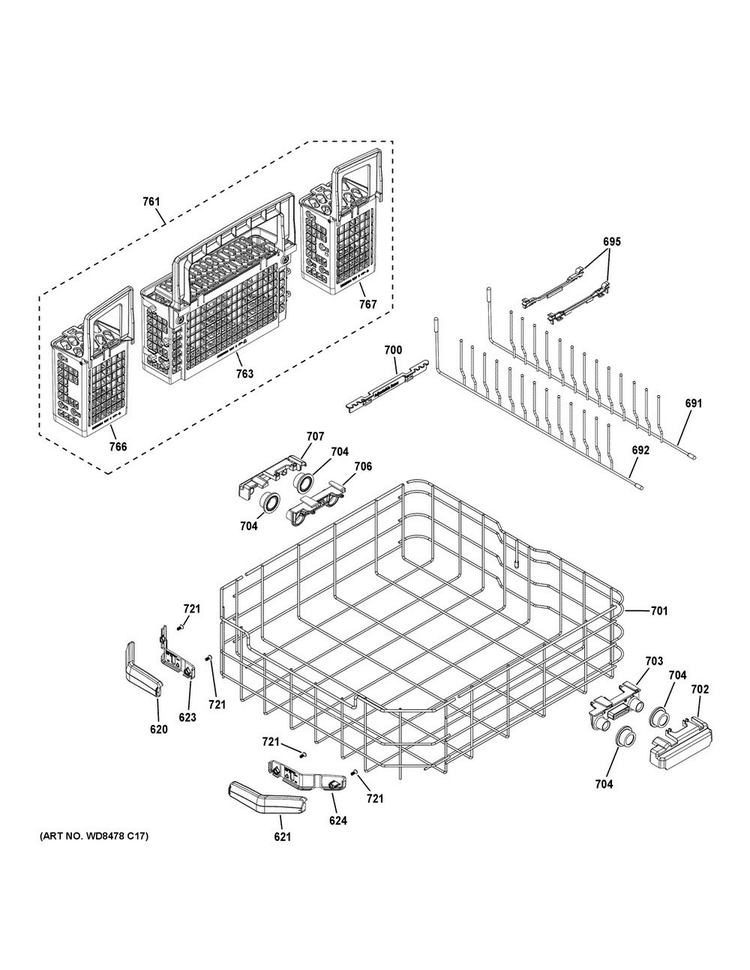 Lower Rack Assembly Diagram and Parts List for GDT590SSJ7SS  General Electric Dishwasher