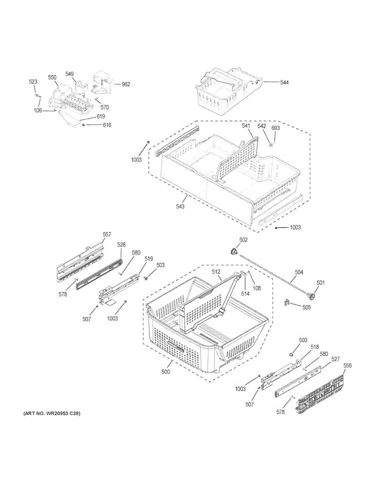 Freezer Shelves Diagram and Parts List for CWE23SSHISS  General Electric Refrigerator