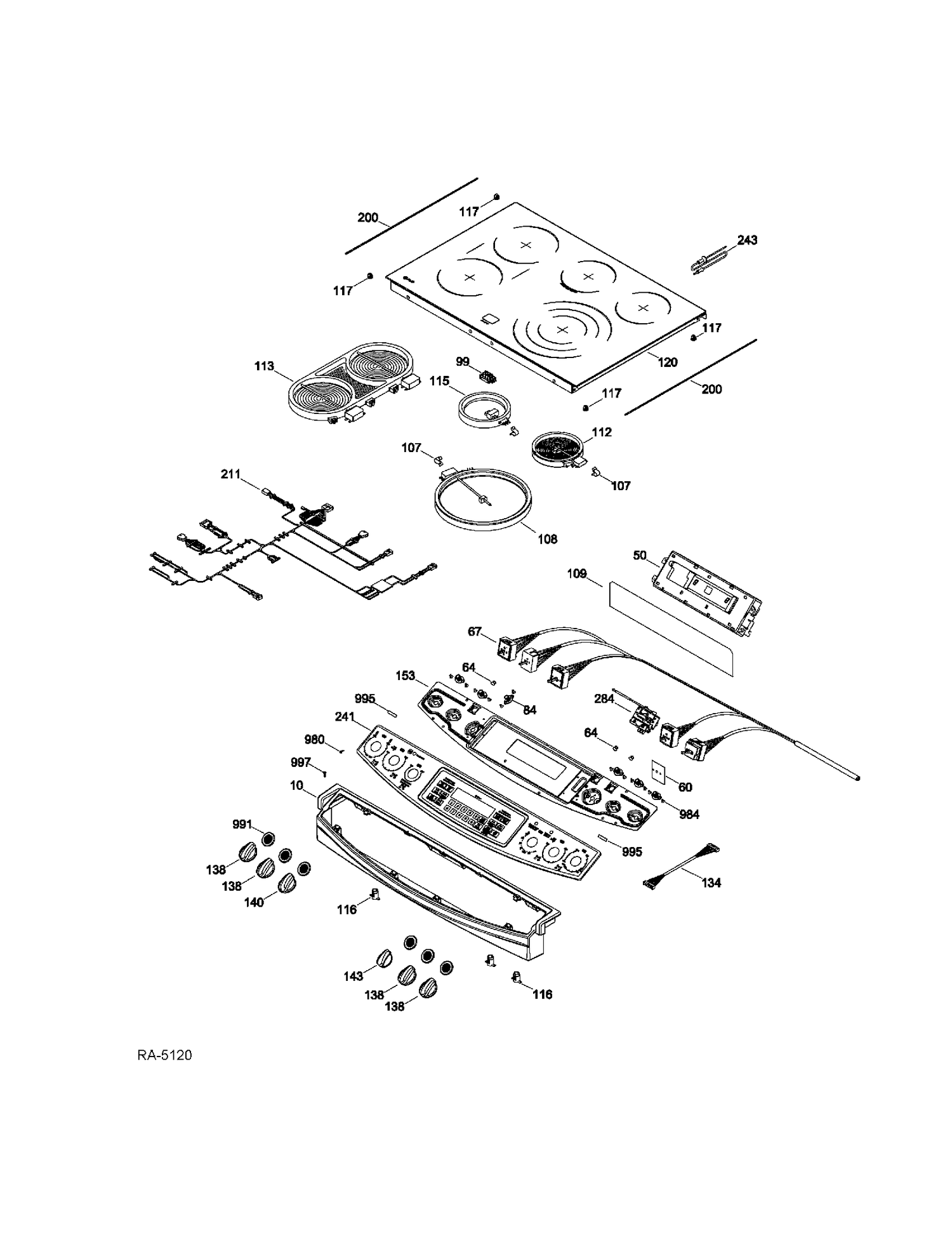 CONTROL PANEL & COOKTOP Diagram and Parts List for PCS968SR2SS  General Electric Range