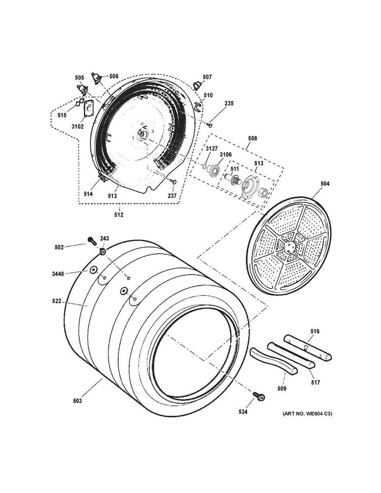 Drum Diagram and Parts List for PFDS450EL3WW  General Electric Dryer