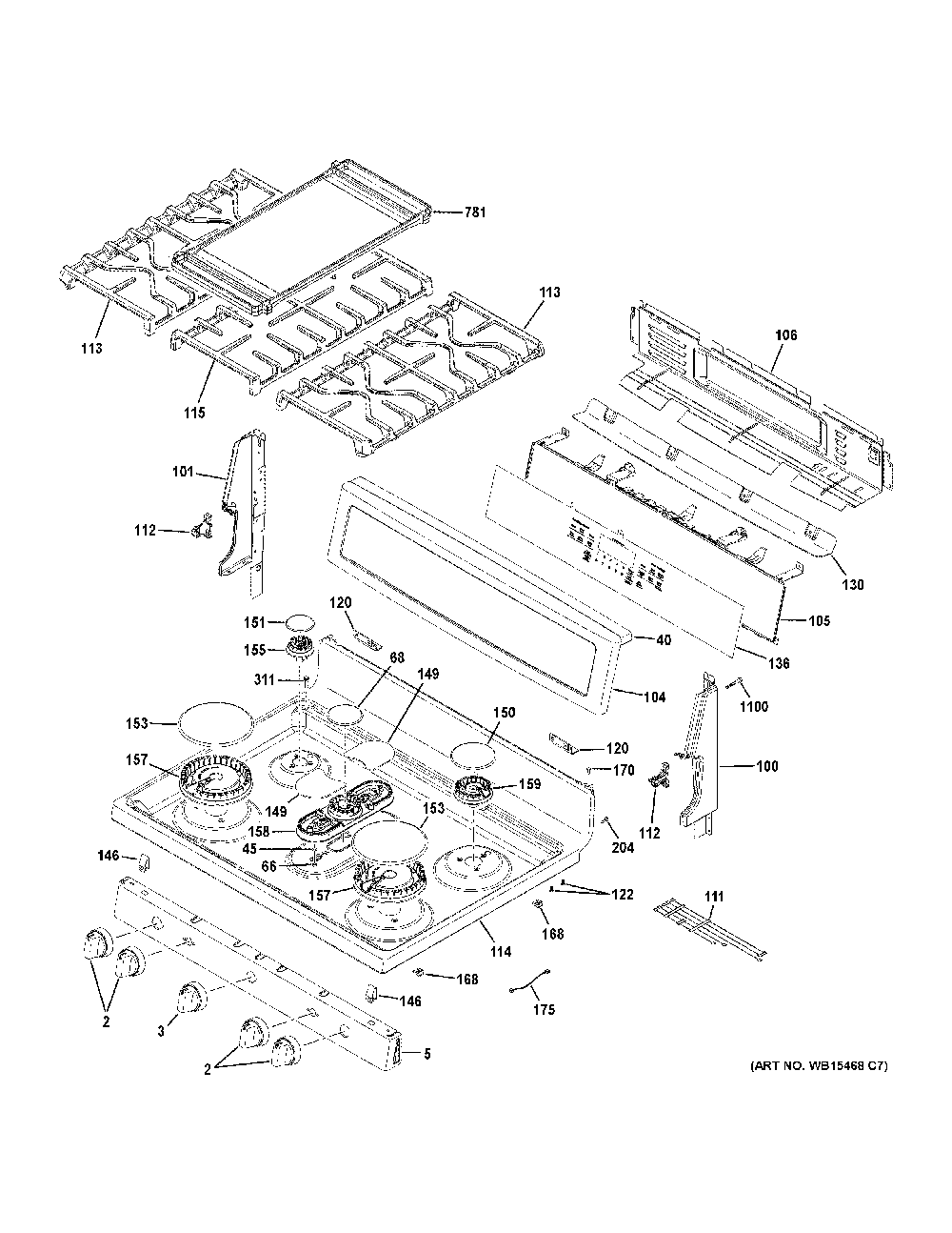 Control Panel And Cooktop Diagram and Parts List for PGB960SEJ6SS  General Electric Range