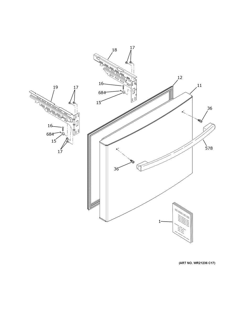 Freezer Door Diagram and Parts List for GDE21EGKWRWW  General Electric Refrigerator