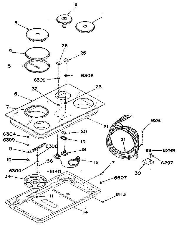 30" Electric Counter Unit-main Top Diagram and Parts List for JP3812L1  General Electric Cooktop