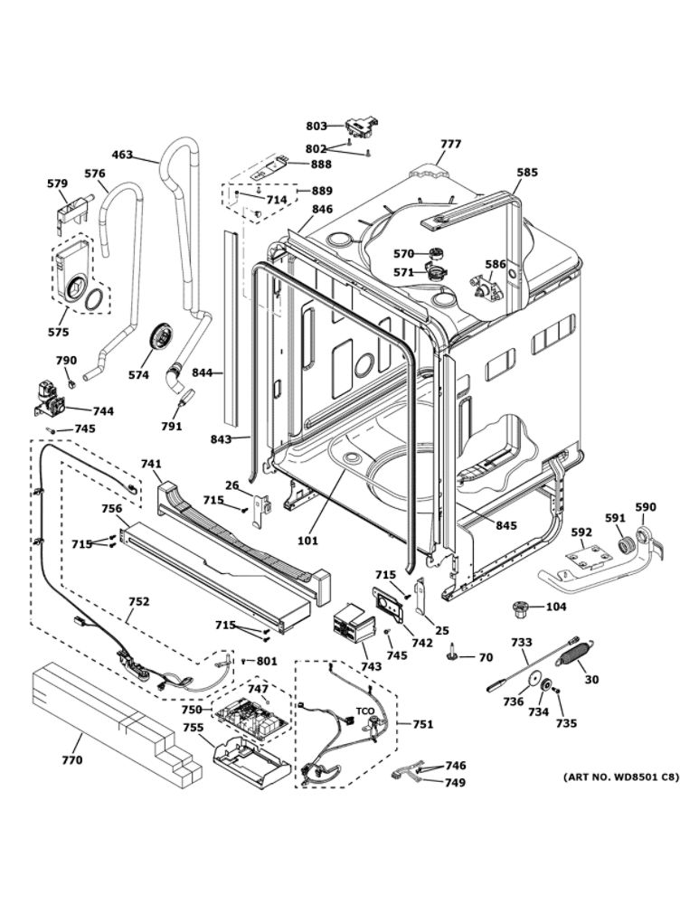 Body Parts 1 Diagram and Parts List for CDT845P2N1S1  General Electric Dishwasher