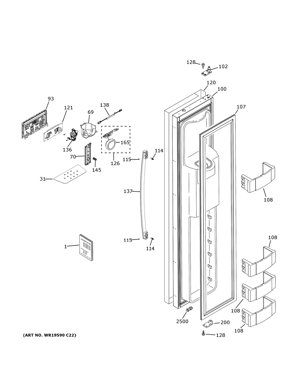Freezer Door Diagram and Parts List for PSB42YSNMSS  General Electric Refrigerator