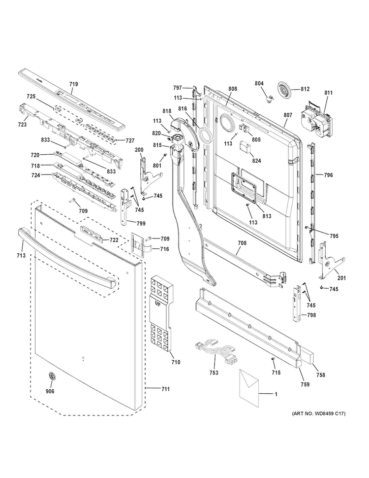 Escutcheon & Door Assembly Diagram and Parts List for PDT750SSF1SS  General Electric Dishwasher
