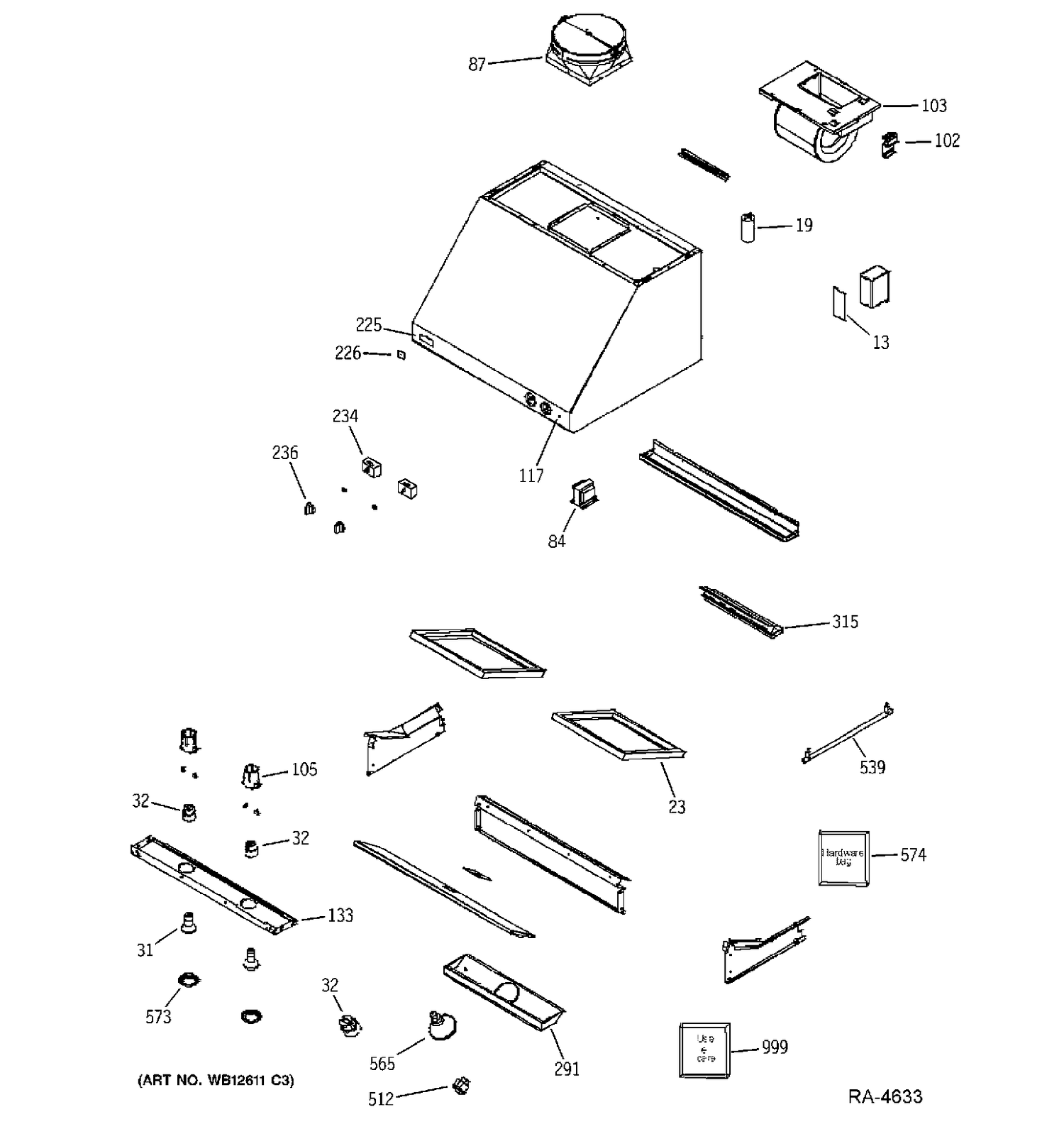 RANGE HOOD Diagram and Parts List for ZV30SSF2SS  General Electric Range Hood