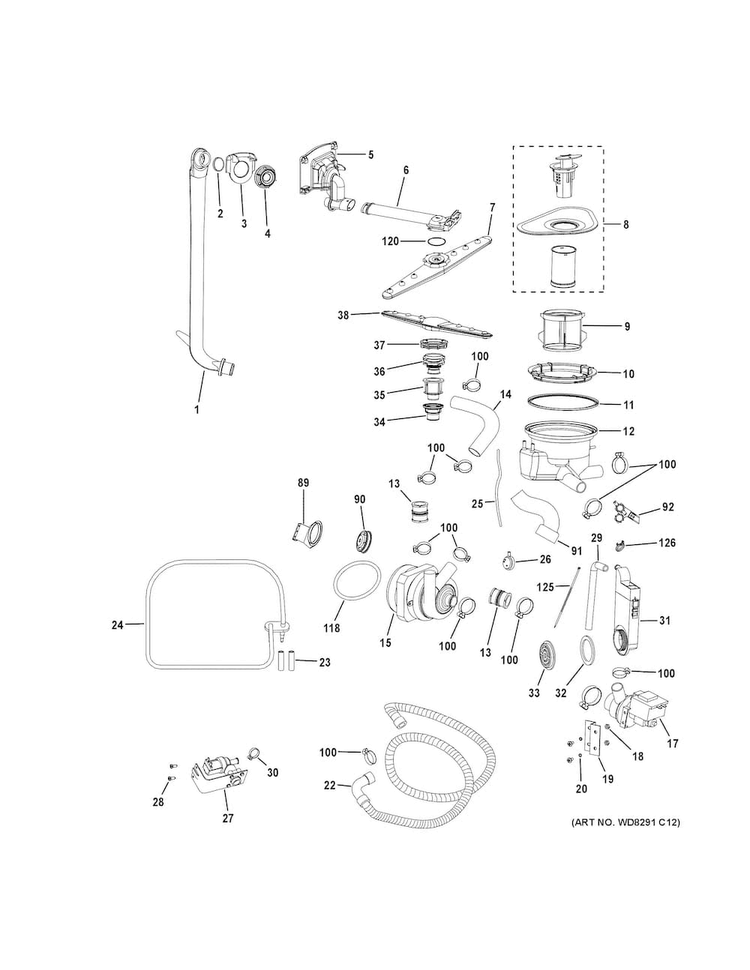 Motor-pump Mechanism Diagram and Parts List for PDW1800N02BB  General Electric Dishwasher