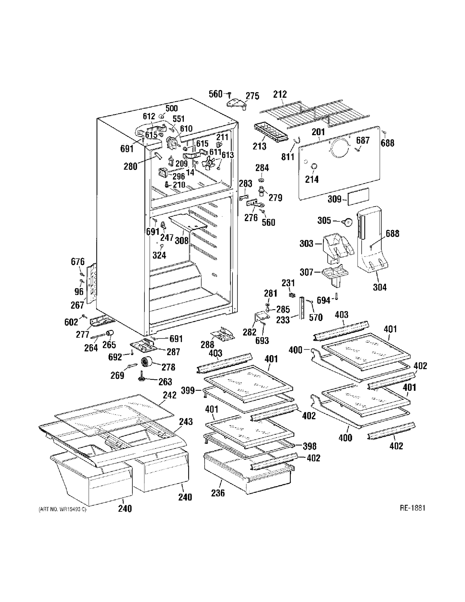 CABINET & SHELVING Diagram and Parts List for 36411XBRERWW  General Electric Refrigerator