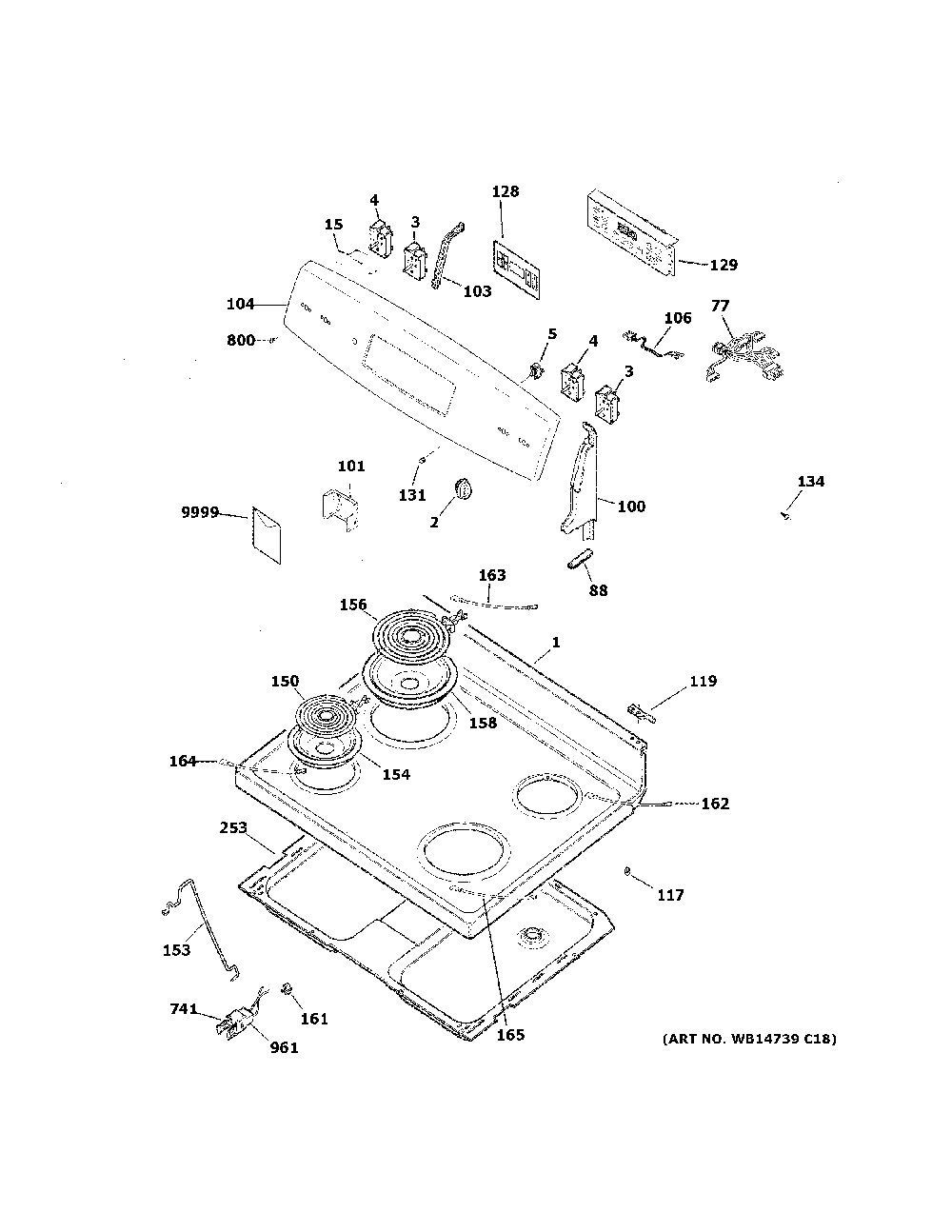 Control panel & cooktop Diagram and Parts List for JB256DM2CC  General Electric Range