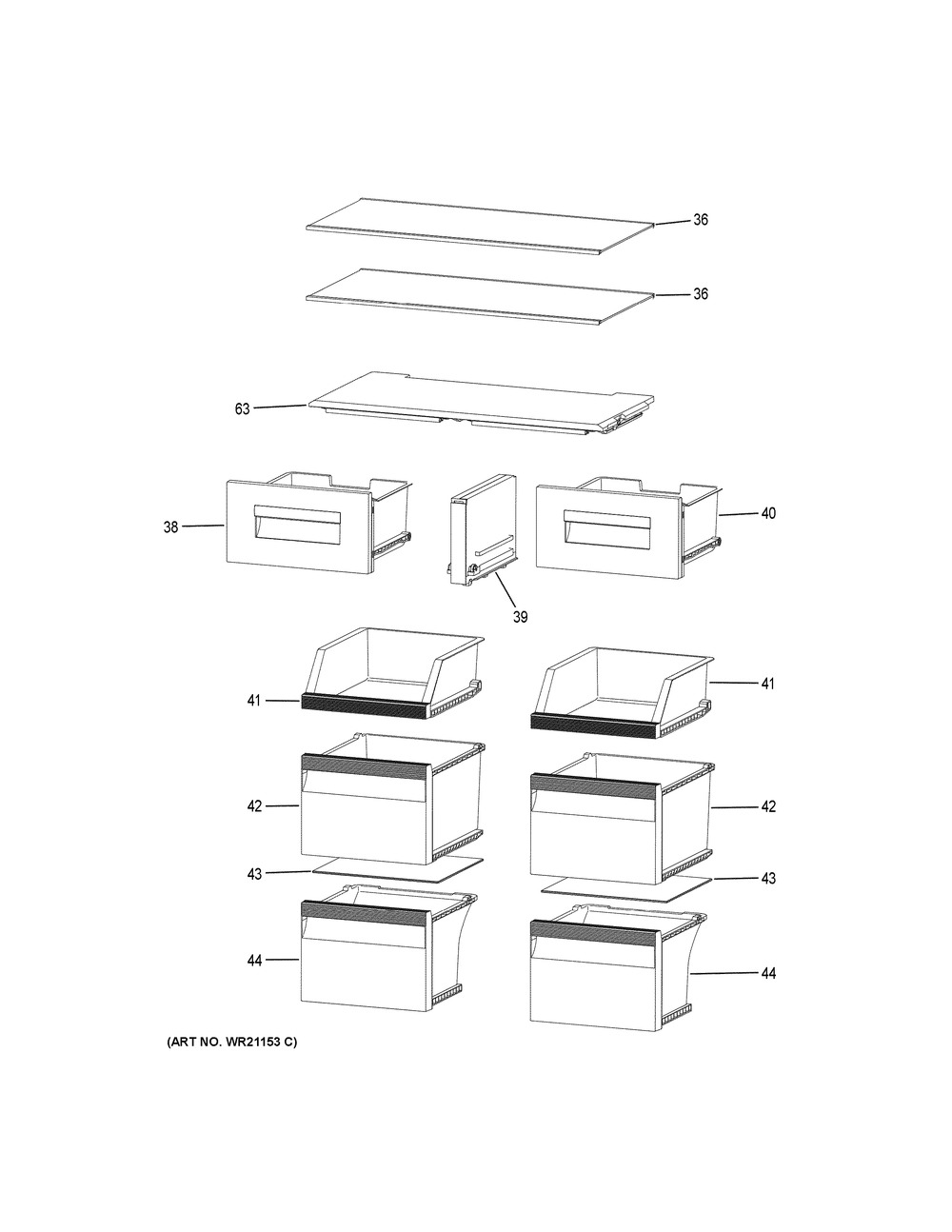 Shelves And Drawers Diagram and Parts List for HRQ16N3BAGS  General Electric Refrigerator