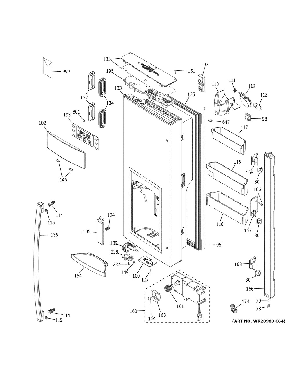 Dispenser Door Diagram and Parts List for GYE22HBLHTS  General Electric Refrigerator