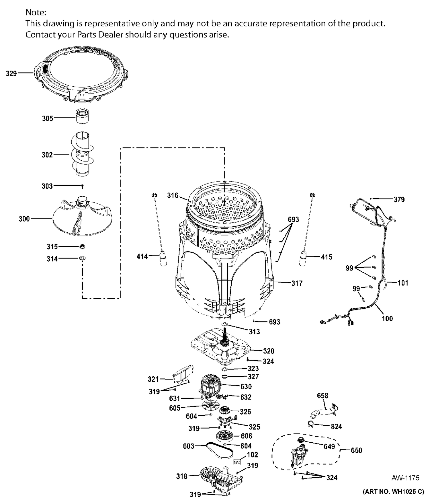 TUB & MOTOR Diagram and Parts List for GTW460AMJ5WW  General Electric Washer