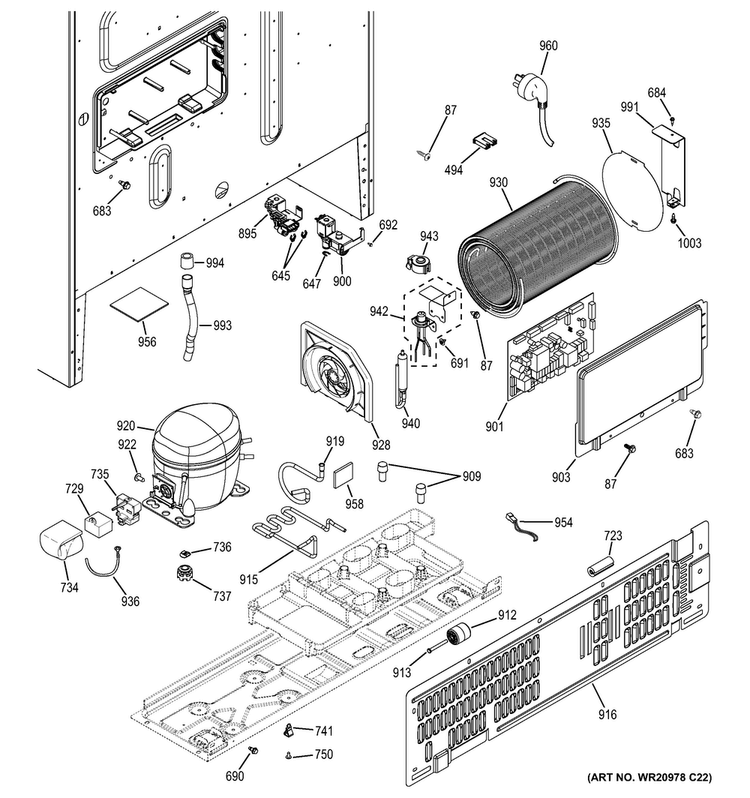 Machine Compartment Diagram and Parts List for DFE28JGHCWW  General Electric Refrigerator