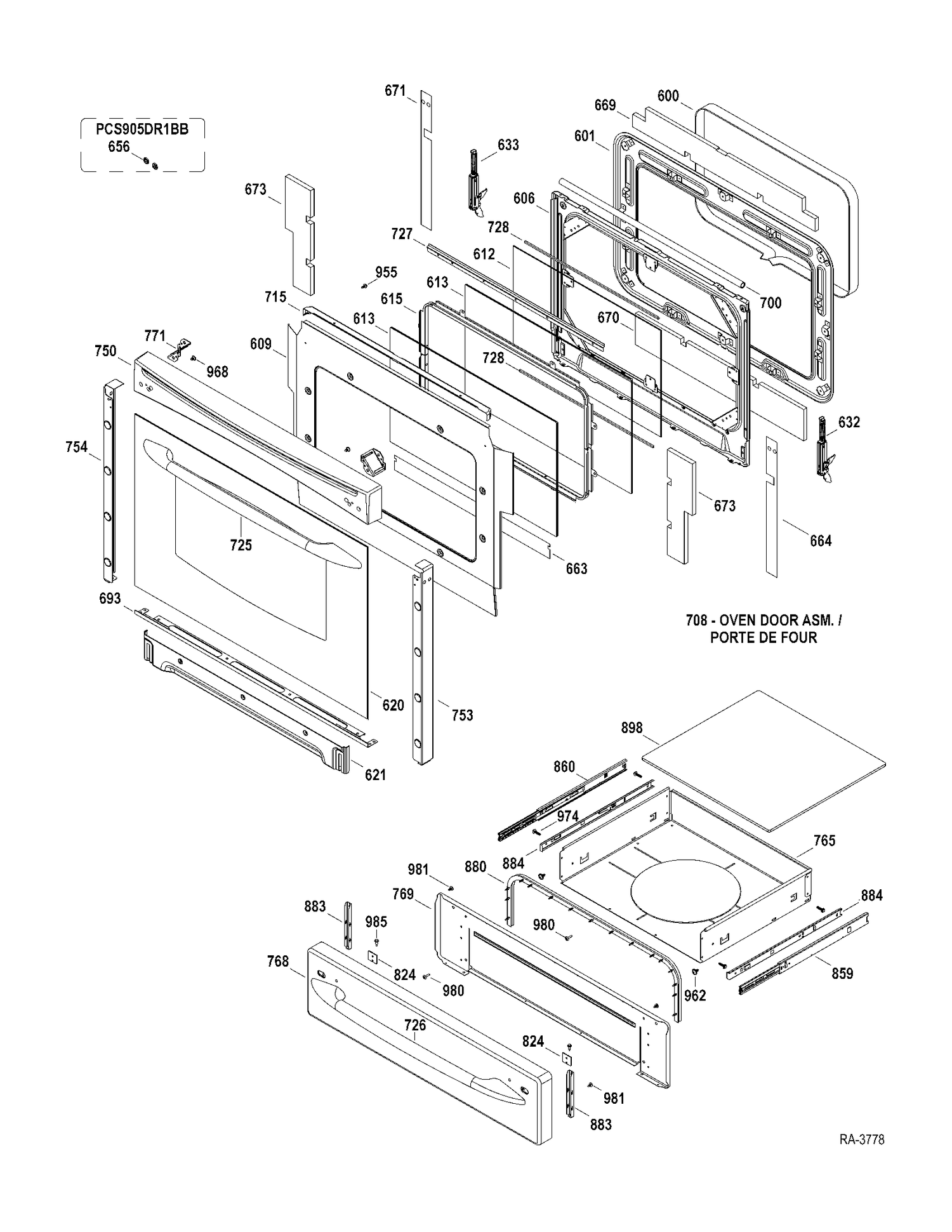 DOOR-DRAWER Diagram and Parts List for PCS905DR1WW  General Electric Range
