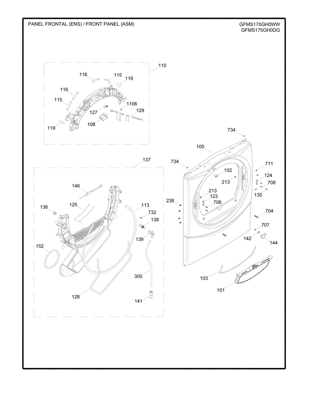 Front Panel Asm Diagram and Parts List for GMR02BANACW  General Electric Dryer