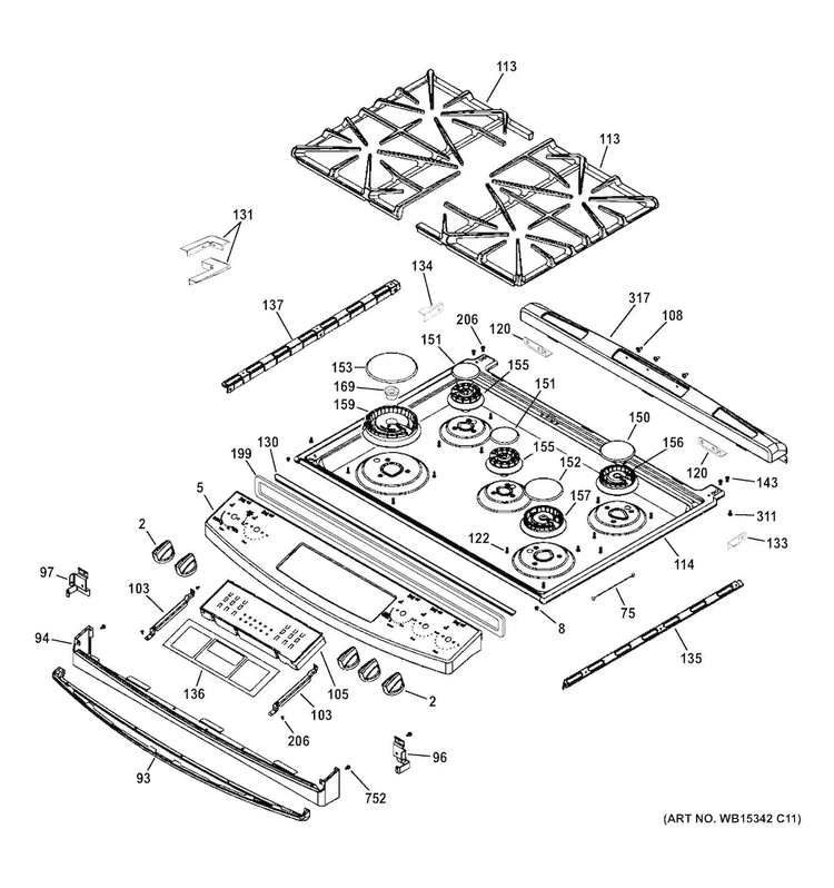 Control Panel & Cooktop Diagram and Parts List for JGS750EEF4ES  General Electric Range