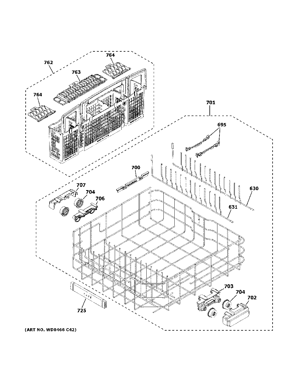 Lower rack assembly Diagram and Parts List for CDT805P2N2S1  General Electric Dishwasher