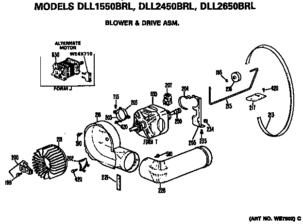 Blower And Drive Assembly Diagram and Parts List for DLL1550BRL  Hotpoint Dryer