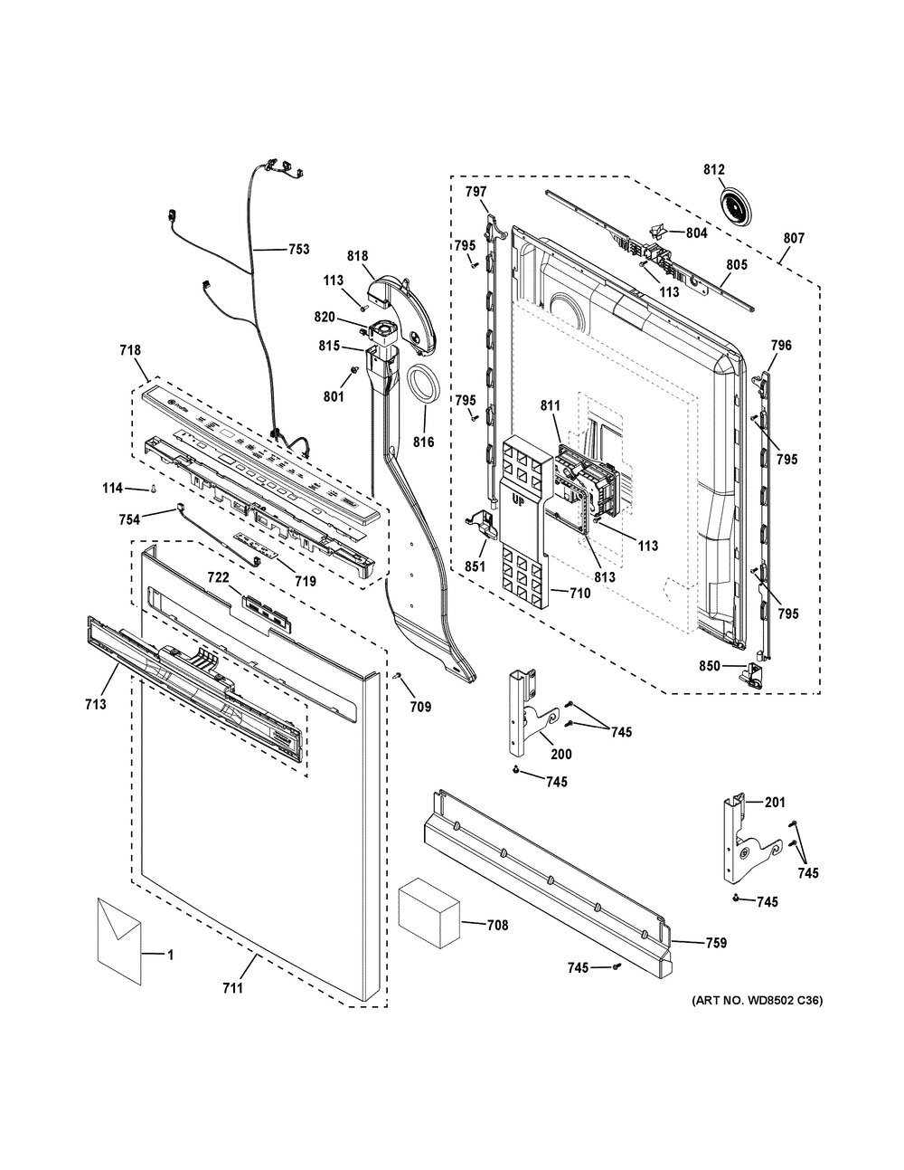 Escutcheon And Door Assembly Diagram and Parts List for PDP755SYRBFS  General Electric Dishwasher