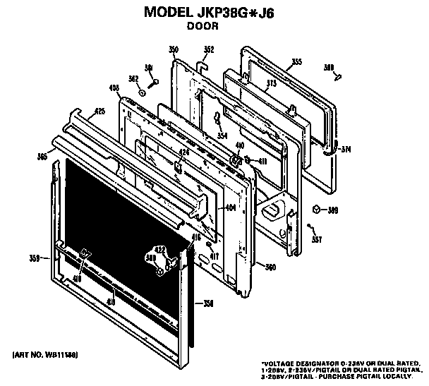 Door Diagram and Parts List for JKP38GJ6  General Electric Wall Oven