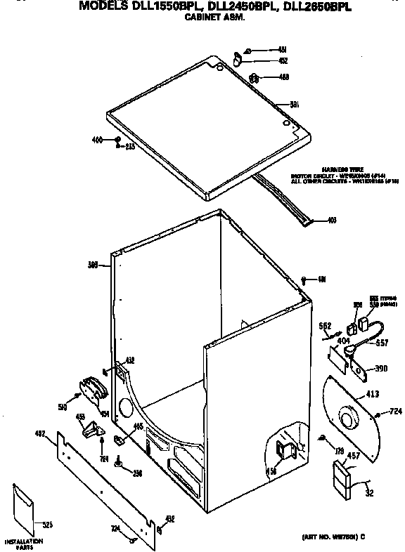 Cabinet Assembly Diagram and Parts List for DLL1550BPL  Hotpoint Dryer