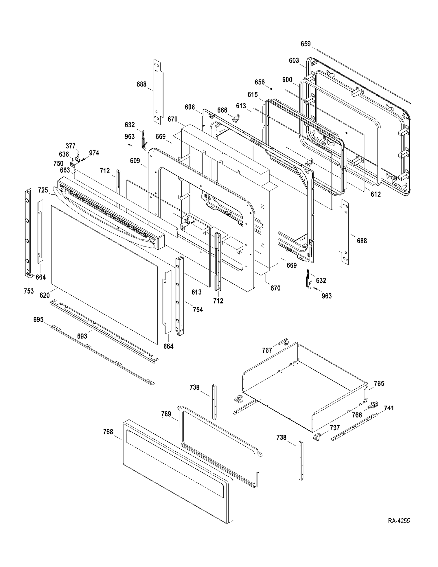 DOOR-DRAWER Diagram and Parts List for JCBP790DT1WW  General Electric Range