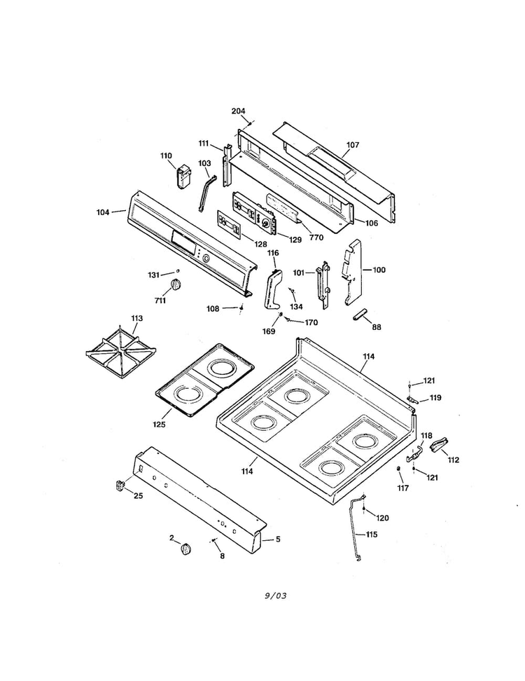 Control Panel And Cooktop Diagram and Parts List for JGB26WEA1WW  General Electric Range