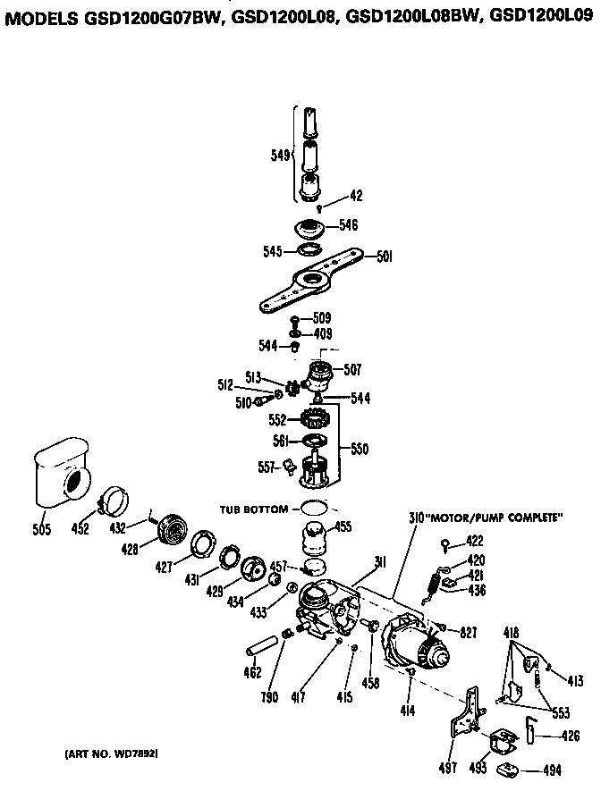 Motor/pump Diagram and Parts List for GSD1200L09  General Electric Dishwasher