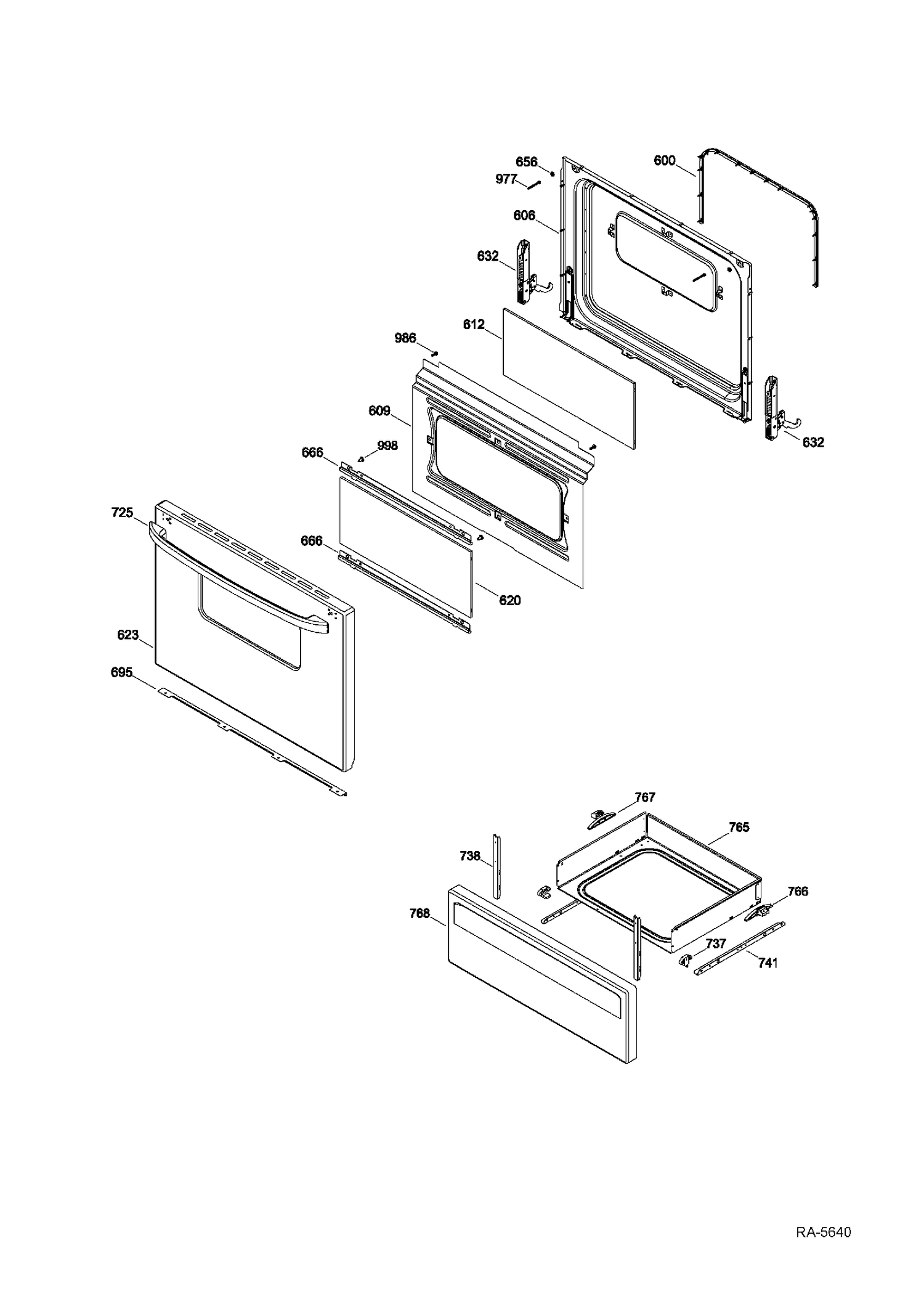 DOOR & DRAWER Diagram and Parts List for MCBS523R3WW  General Electric Range