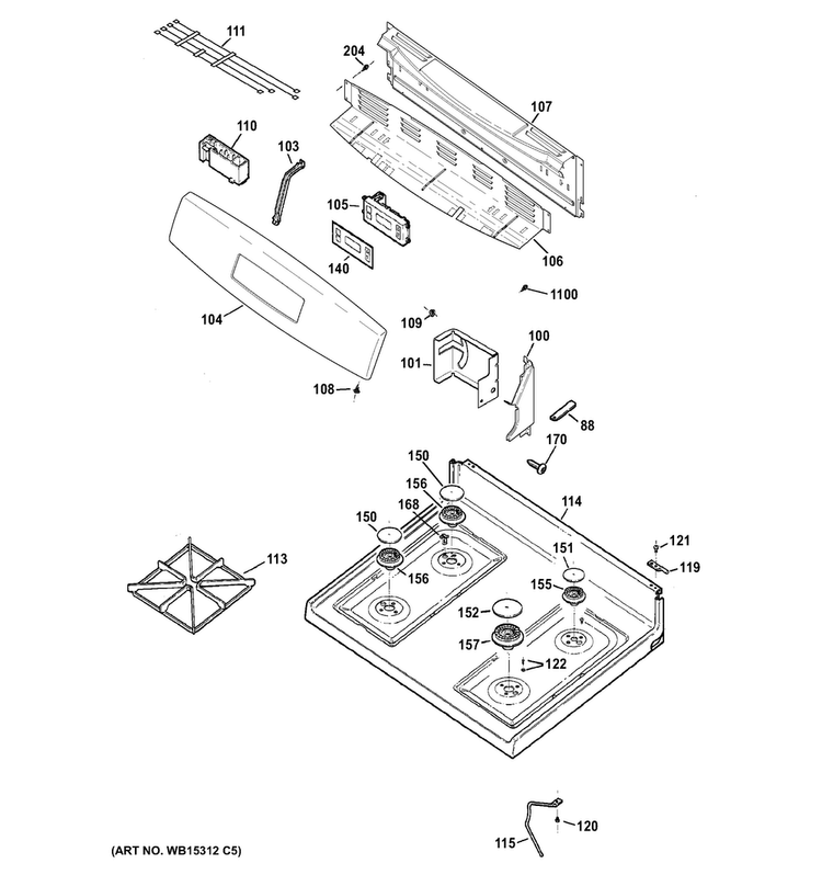 Control Panel & Cooktop Diagram and Parts List for JGBS60DLF1WW  General Electric Range